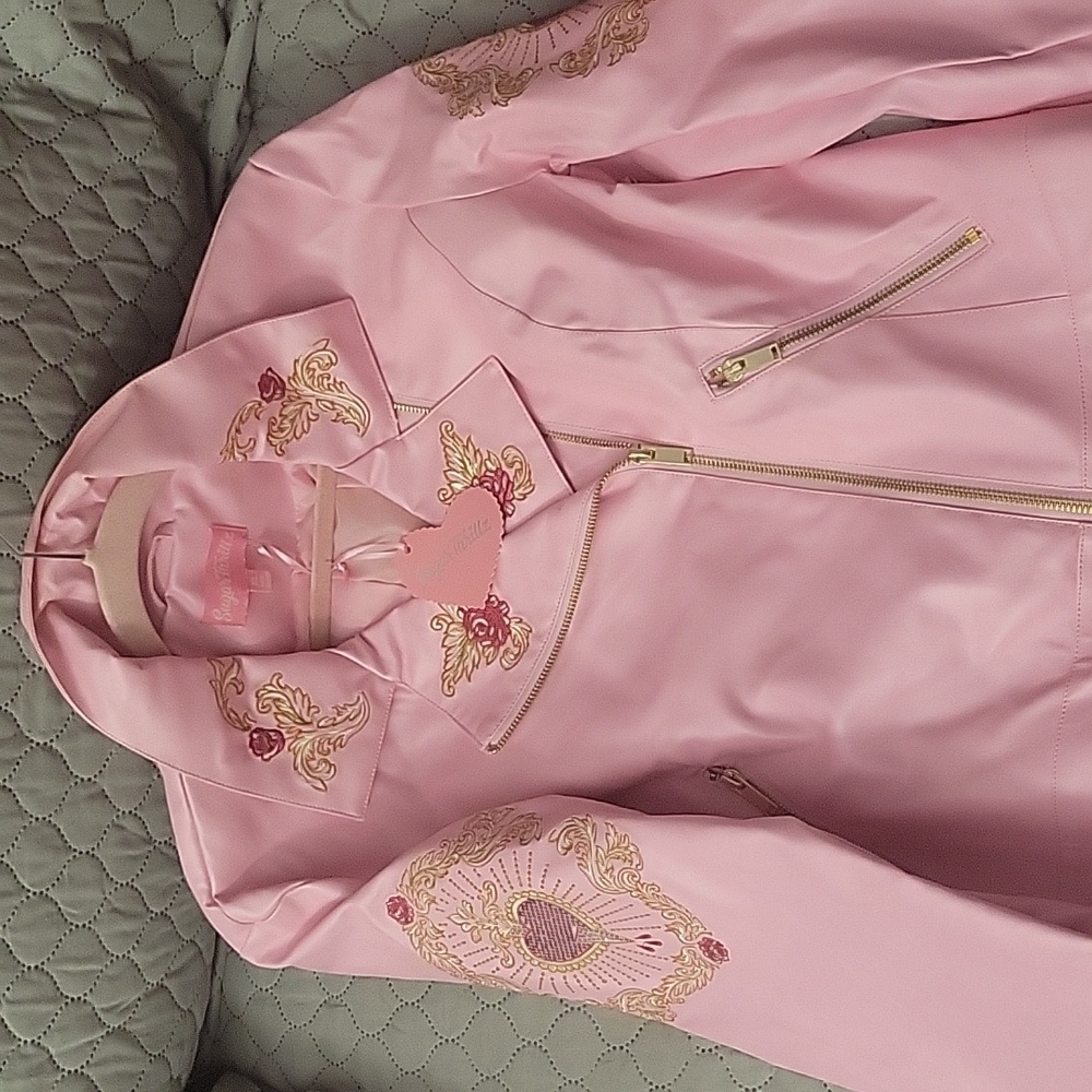SugarThrillz Pink Embroidered Rhinestone Moto Jacket